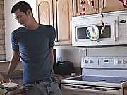 Jordan then climbs up on the counter so that Aaron can tool his ass with the red vibrator as he strokes his meat until he too releases a mountainous c